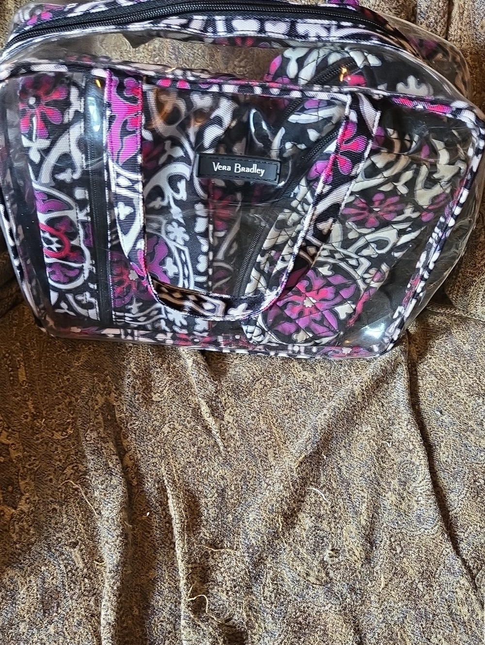 4 pic set Vera Bradley Black and Pink Floral Clear Travel Tote